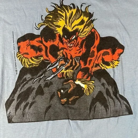 Vintage Touch Of Gold Wolverine Sabretooth Marvel Comics T-Shirt Med Blue 80's